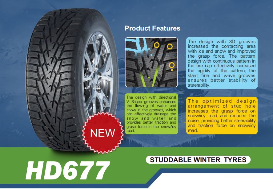 HD677 Studdable snow tyre stud on tires, studded snow tires, studded winter tires,